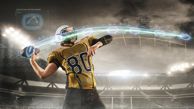 American football quarterback throwing ball with digital arc tracking in stadium. Concept of sport analytics, pass accuracy, broadcast graphics, coaching software and performance campaign.