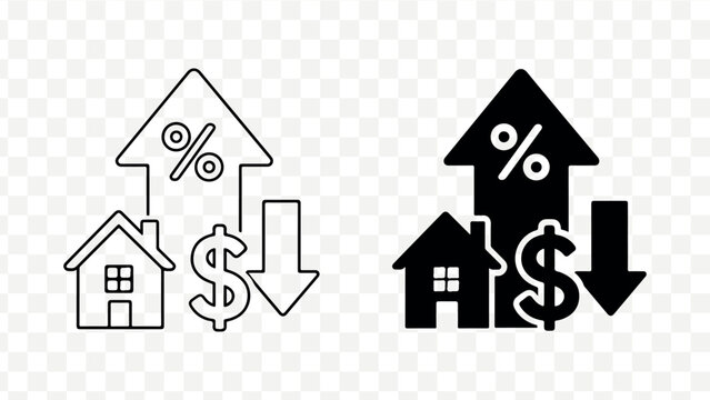 Finance, investment, and real estate icons, house and percentage symbols, dollar sign graphics isolated on Transparent Background