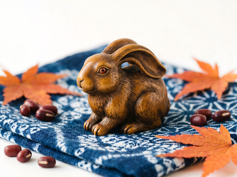 Centered close-up of an ornate Japanese netsuke sculpture of a rabbit resting on an indigo shibori-dyed cloth, surrounded by maple leaves and adzuki beans