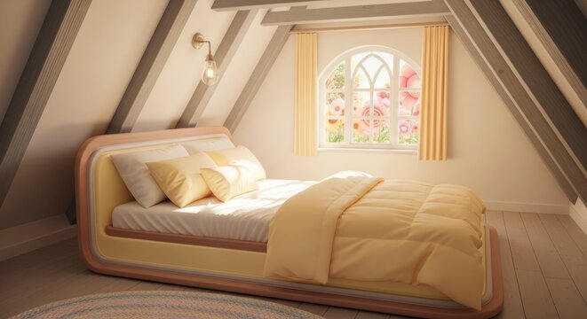 Chambre mansard&eacute;e confortable avec un lit pr&egrave;s d'une fen&ecirc;tre, baign&eacute;e d'une douce lumi&egrave;re naturelle.