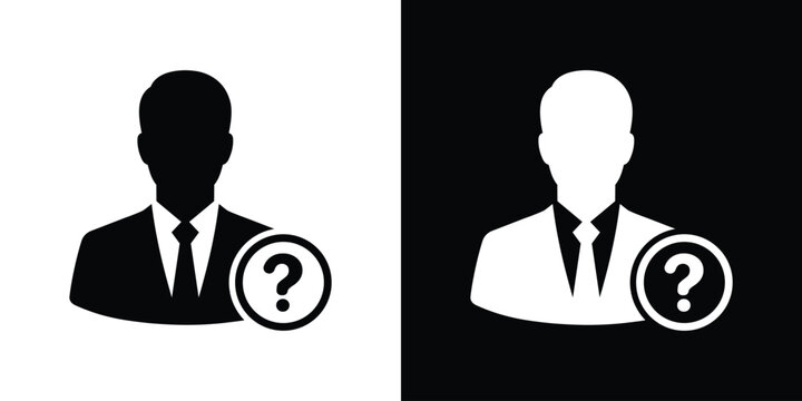 Businessman avatar with a question mark symbol. Minimalist black and white identity vector icon representing help desk, unknown candidate, customer support query, or anonymous user status.