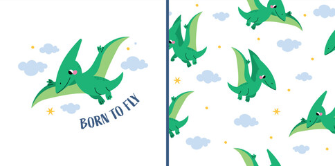 Cute flying dinosaur for kids design. Funny prehistoric reptile with wings and clouds. Baby dino character for nursery poster and children print. Flat vector illustration isolated on white background. © Hanna Bykova