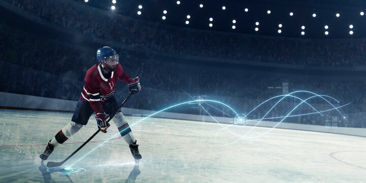 Hockey player controlling puck with digital pass routes and ice performance analytics. Concept of hockey coaching tools, player tracking, broadcast overlays, team tactics and sport data.