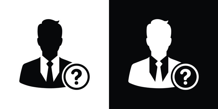Businessman avatar with a question mark symbol. Minimalist black and white identity vector icon representing help desk, unknown candidate, customer support query, or anonymous user status.
