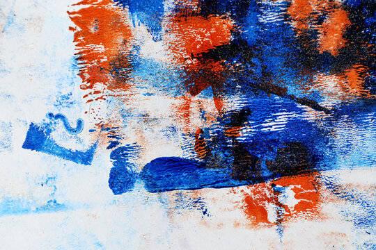 Vibrant grunge abstract background with bold orange, blue and violet acrylic messy paint strokes, distressed monoprint details and expressive contemporary art energy for posters, banners covers design