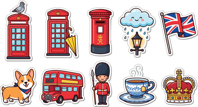 Cute United Kingdom Travel Sticker Vector Set with Telephone Booth Post Box Double Decker Bus Corgi Royal Guard and British Tea Cup Elements