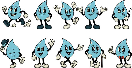 Retro Water Drop Cartoon Character Set in Vintage 1930s Rubber Hose Mascot Style Showing Various Poses Actions and Expressions for Branding Designs © MSTFarjana