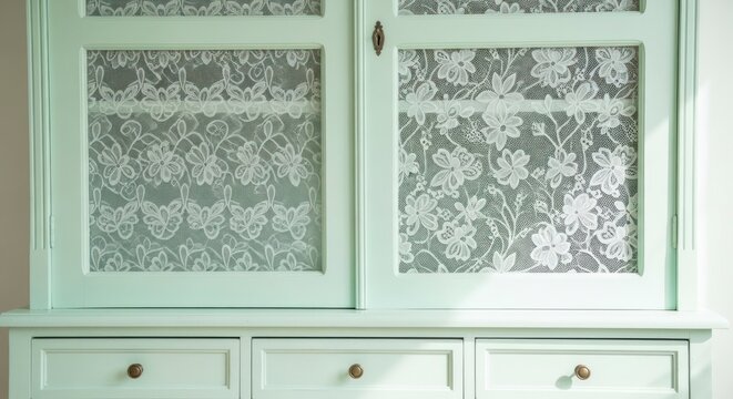 Gros plan sur un meuble vintage orn&eacute; de dentelle florale et d'une finition vert menthe