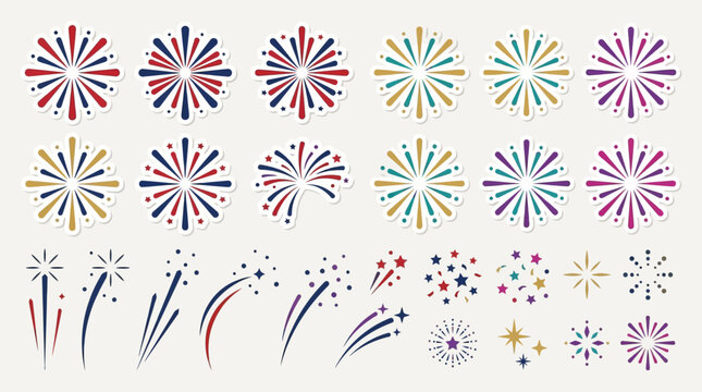 Large collection of colorful fireworks and firecracker clipart stickers for celebration, New Year, and Independence Day events.
