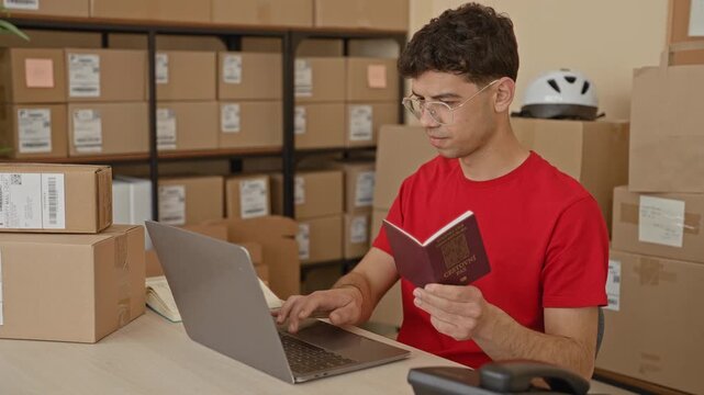 Young man in red tshirt holds czech passport and types on laptop while checking packages and boxes in building; entrepreneurship planning focus.