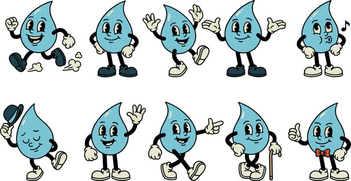 Retro Water Drop Cartoon Character Set in Vintage 1930s Rubber Hose Mascot Style Showing Various Poses Actions and Expressions for Branding Designs