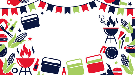 Fototapeta premium Summer Barbecue Picnic Invitation Background with Colorful Bunting Flags and Food Icons