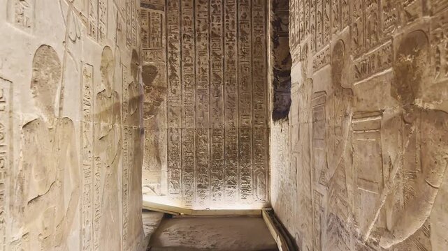 Beautiful bas-reliefs and ancient hieroglyphs from the Dendera Temple Complex, Qena, Egypt.
