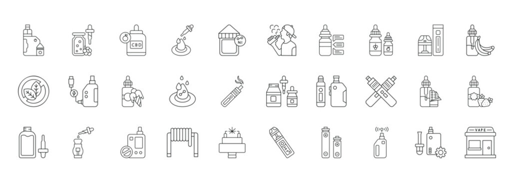 Vape Liquid Icon set Collection in Line Style. nicotine, vaporizer, device,  cigarette, smoke, pod, mod