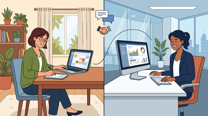 Fototapeta premium Two diverse women actively collaborate on business remotely, working from home and office, efficiently connecting online for shared tasks
