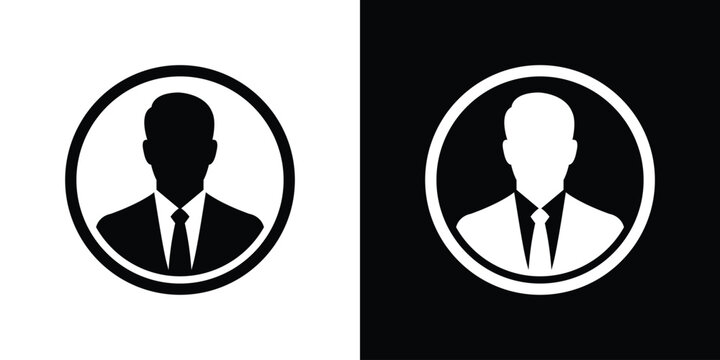 Elegant businessman profile icon enclosed inside a circle frame. Clean black and white vector symbol for corporate executive member, professional account, default user avatar, and identity.