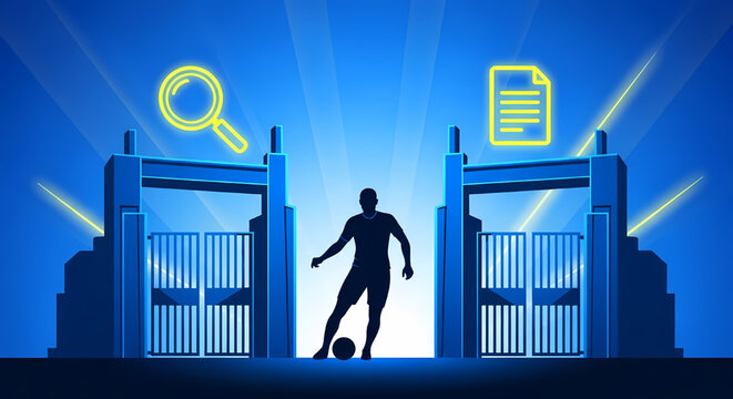 Soccer player silhouette with neon icons for talent scouting and recruitment