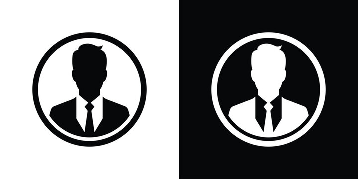 Elegant businessman profile icon enclosed inside a circle frame. Clean black and white vector symbol for corporate executive member, professional account, default user avatar, and identity.