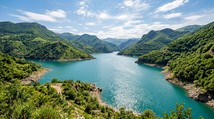 Fototapeta premium Pristine Clear Teal Drinking Water Reservoir Nestled Deep Inside Valley Surrounded By Green Hills Landscape