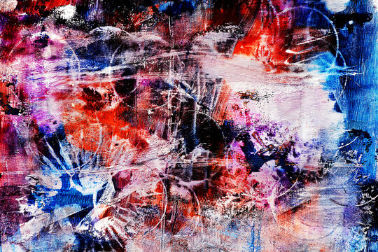 Abstract grunge texture with expressive paint marks, distressed surfaces and experimental monoprint details. Contemporary artistic background for posters, branding, web banners, packaging and design.