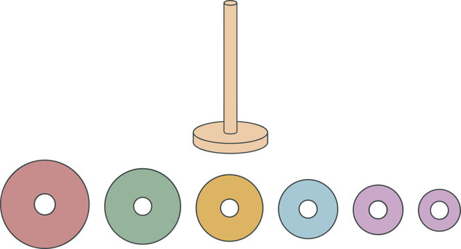 Tower of Hanoi Educational Math Puzzle Vector Set with Wooden Peg Stand and Colorful Disks for Logic and Brain Training Games