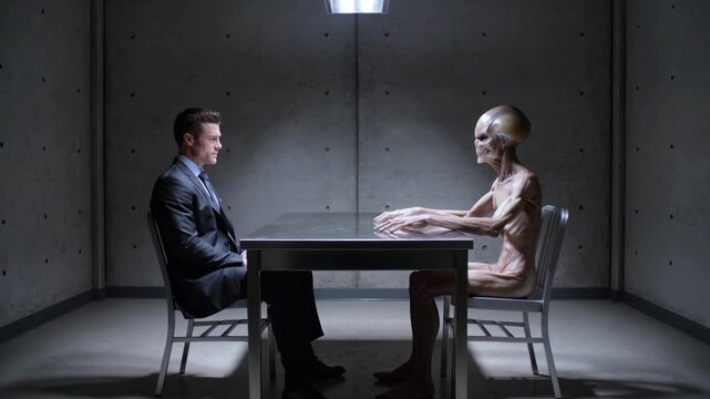 Alien, businessman and interrogation in secret room for first contact, extraterrestrial life and communication. Government official, meeting and interview with grey humanoid in dark office, scifi