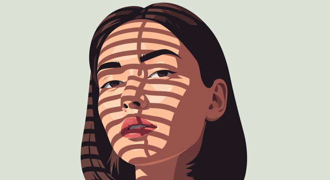 Woman with dramatic shadow stripes across face, looking thoughtful, isolated