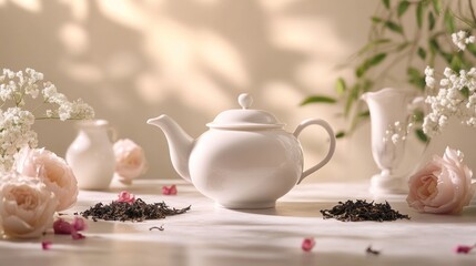 Fototapeta premium White teapot with roses and tea leaves.