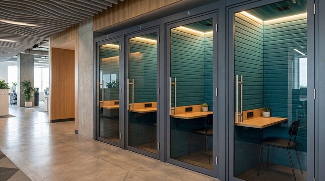 Soundproof private phone booths in a modern office featuring acoustic felt walls for quiet meetings