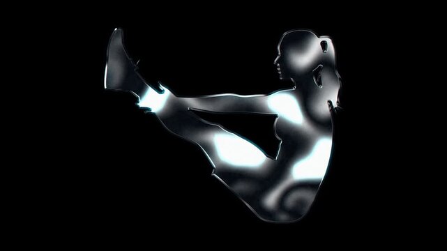 Silver metallic woman performing jackknife situps core training silhouette. Alpha channel. Seamless loop video.