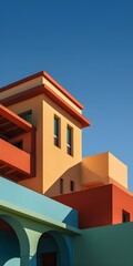 Obraz premium Minimalist low angle view of modern colorful architecture building with geometric shapes against a clear blue sky.