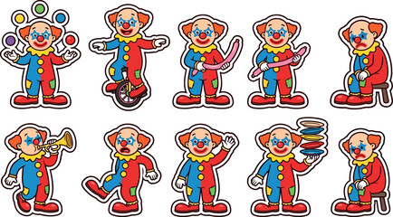 Cute Circus Clown Vector Character Sticker Set Performing Juggling Unicycle Riding Balloon Twisting and Various Funny Actions for Kids Party Decor © MSTFarjana