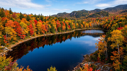 Naklejka premium Deep Blue Forest Water Reservoir Surrounded By Vibrant Autumn Foliage With Fiery Red Orange Trees