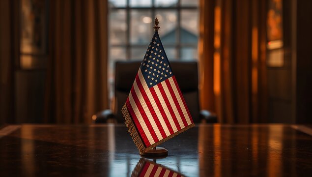 Generative AI captures an American flag displayed on a desk in a formal setting