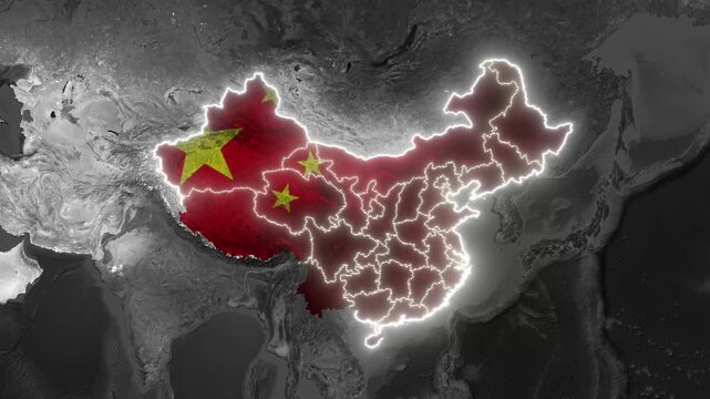 China map animation with national flag overlay glowing borders and Chinese provinces