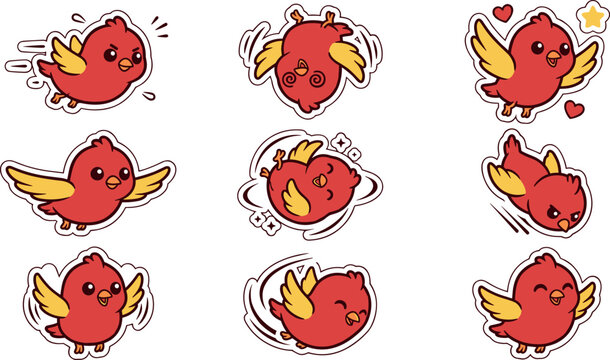 Cute Red Bird Sticker Set with Various Flying Poses and Different Emotional Expressions for Mobile Apps and Digital Planners