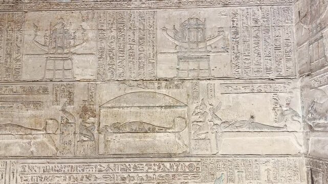 Beautiful bas-reliefs and ancient hieroglyphs from the Dendera Temple Complex, Qena, Egypt.