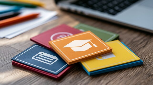 Crisp shadows cast over a minimalist online learning setup featuring a laptop and colorful flashcards focused on the graduation cap icon with blurred pens and notes perfect for