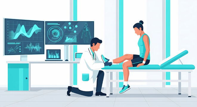 Sports doctor examining a female athlete in a medical clinic