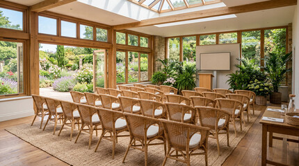 Fototapeta premium Airy garden seminar space with light wicker seating and natural wood table for outdoor meetings
