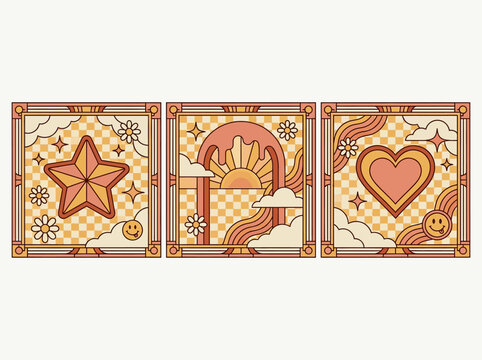 70s Retro Groovy Graphic Art Set Featuring Star Heart and Sunset, Checkerboard Aesthetic Triptych Illustration for Posters and Prints