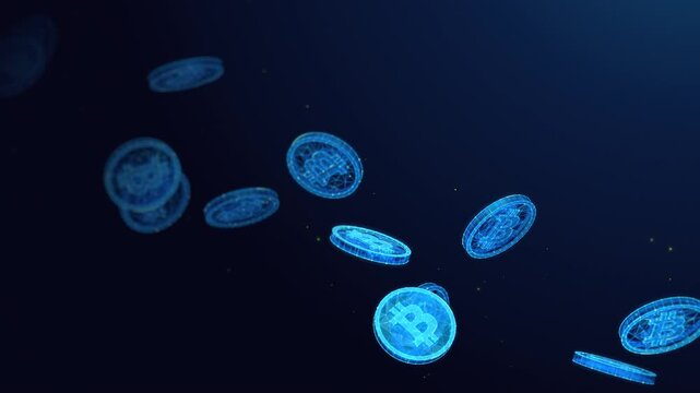 Abstract Animation Loop of Bitcoin Coins on a Blue Background with Copy Space. Digital currency trading concept for financial markets, cryptography technology and futuristic exchange platforms.