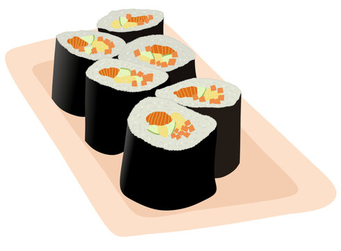 Salmon sushi or kimbab illustration with wooden tray
