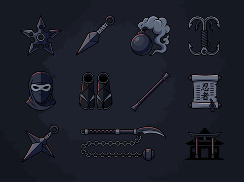 Ninja Equipment and Weapons Icon Set featuring Shuriken, Kunai, Stealth Mask, Smoke Bomb, and Kusarigama for Game Design and App UI