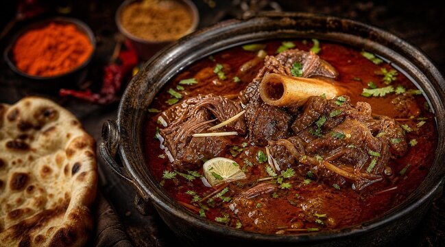 Rich Beef Nihari Stew in Traditional Metal Pot with Fresh Naan Bread