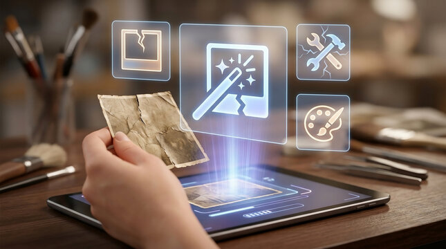 High-tech digital photo restoration using AI software on a tablet to repair old torn vintage photographs in a professional studio setting.