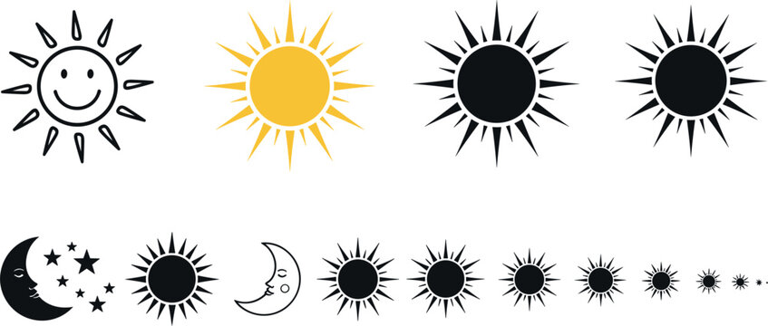 Celestial Sun and Moon Vector Icon Set Featuring Black Silhouettes Yellow Sunshine Graphics Cute Smiling Faces and Stars for Weather and Astrology Designs