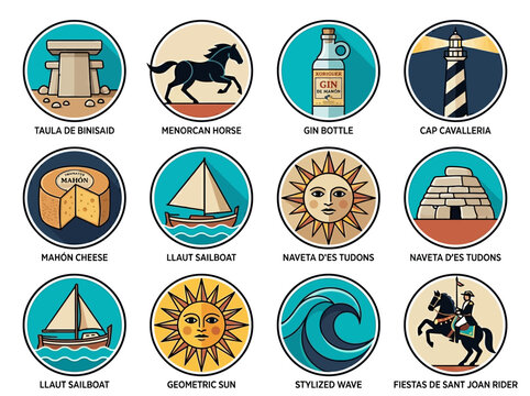Menorca Travel Icons Set: Mediterranean Cultural Symbols, Megalithic Monuments, Mahon Cheese, Xoriguer Gin, and Sant Joan Horse Rider Illustrations