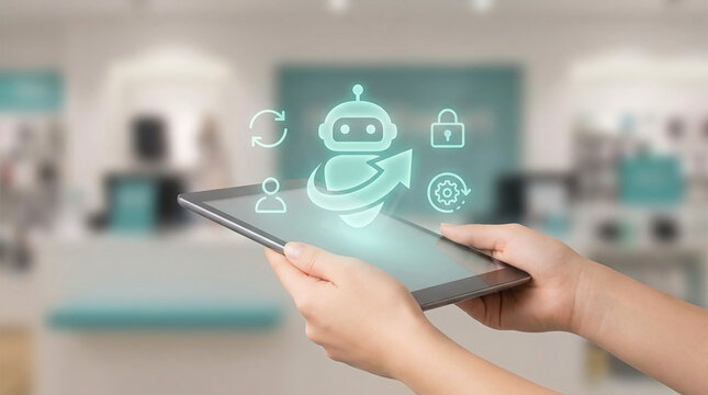 Hands holding digital tablet displaying artificial intelligence chatbot interface for automated customer support and business efficiency.