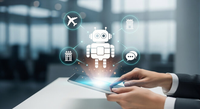 Artificial Intelligence travel assistant robot icon on digital tablet for booking flights and hotels in a modern corporate workspace setting.